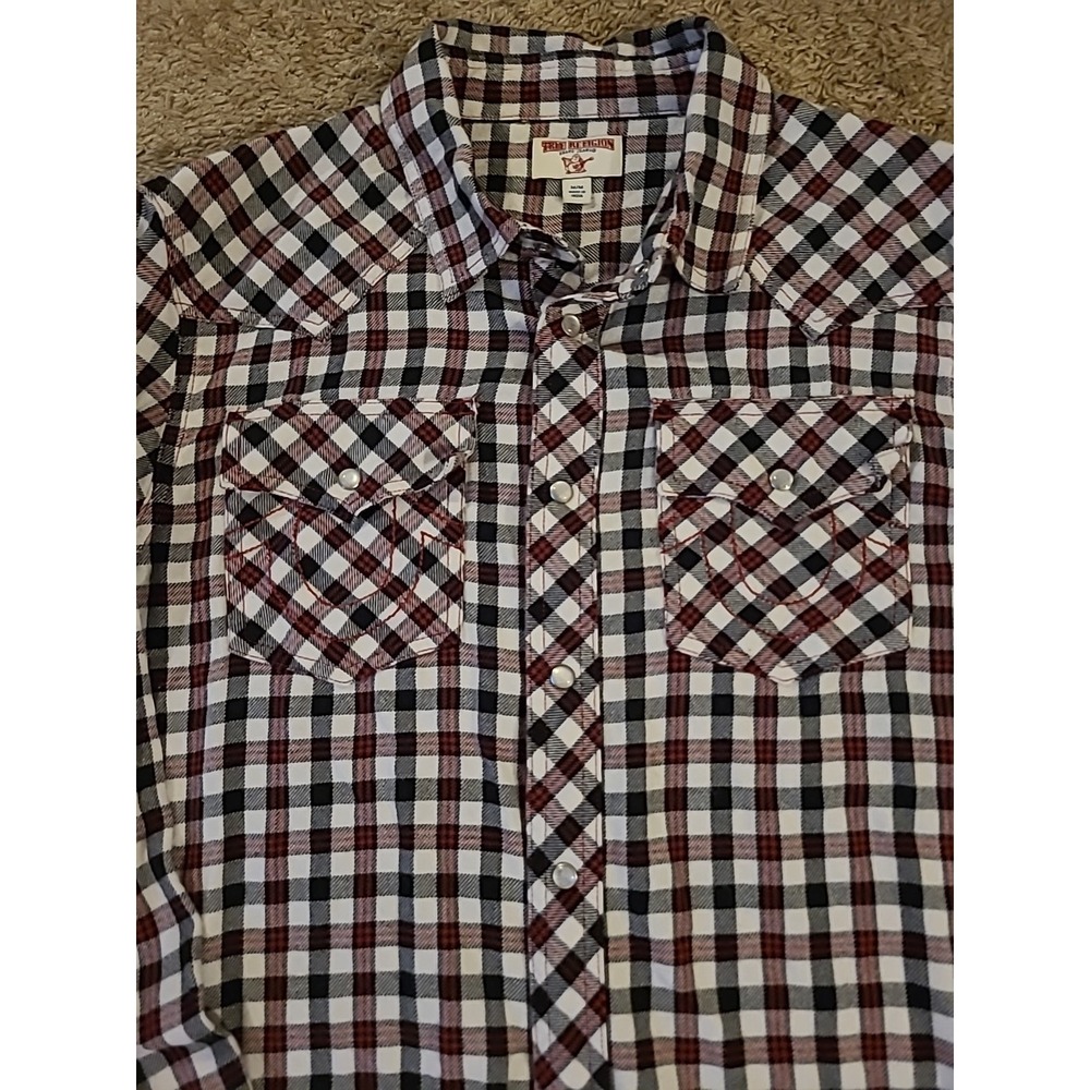 True Religion Long Sleeve Pearl Snap Western Flannel Shirt Red/Black Plaid Med